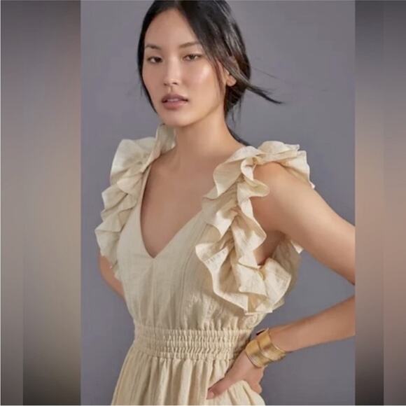 Anthropologie Mare Mare Flutter Sleeve Maxi Dress V-Neck Cream Neutral size XS - Picture 1 of 11